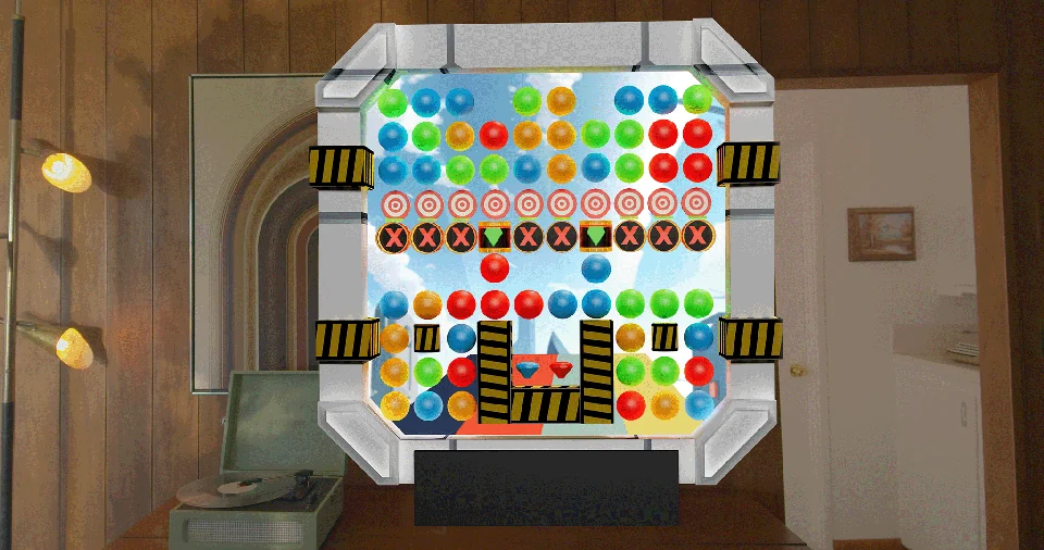 A Balls To The Wall puzzle board filled with colored marbles.