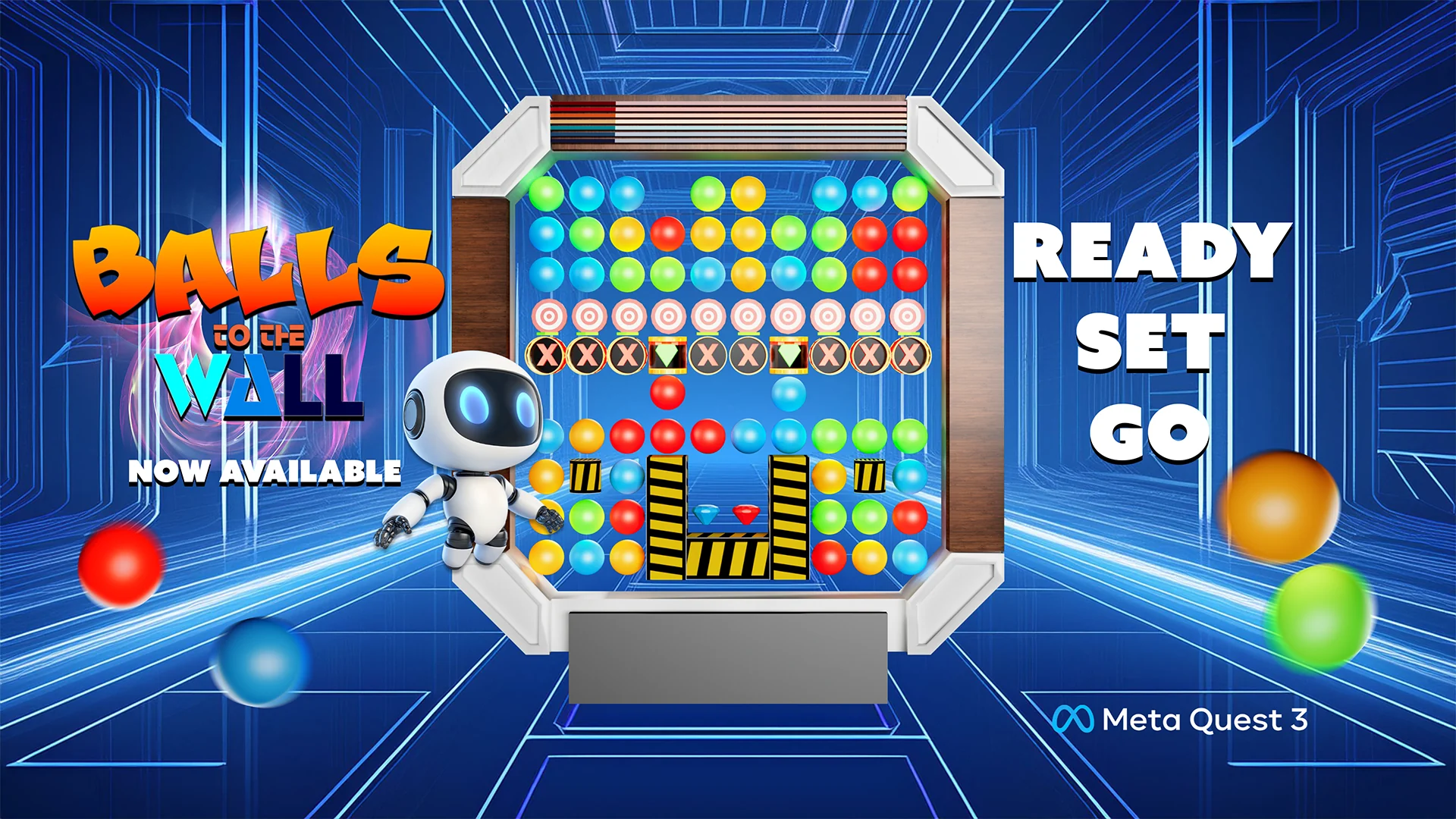 Balls To The Wall: colorful marbles, a puzzle board and a robot in a blue game world.